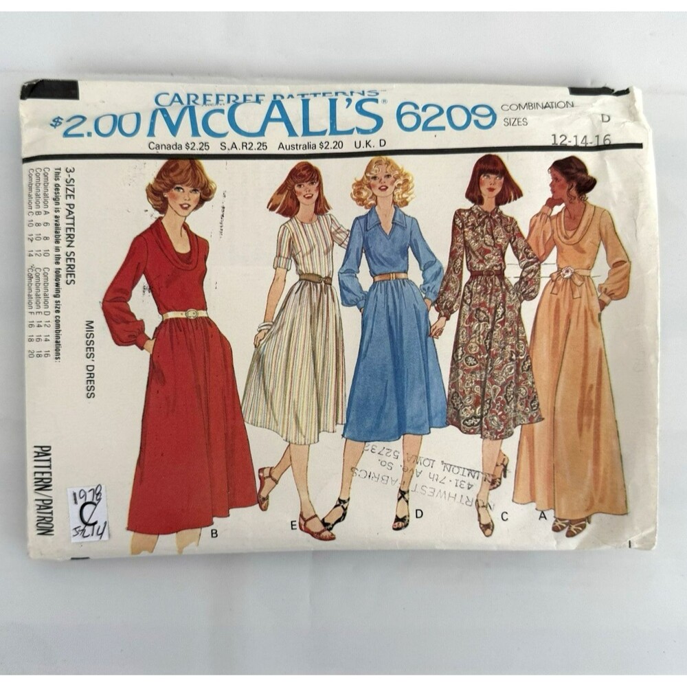Vtg 70s McCall's Misses' Dress Sewing Pattern Cowl Vneck Gathered 6209 Sz 12-14